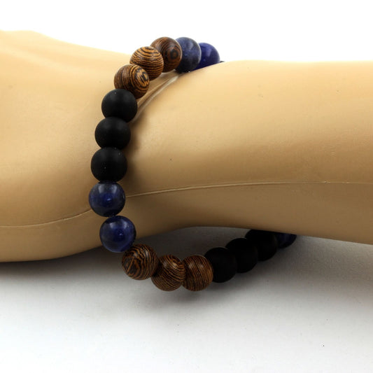 Sodalite + Onyx noir mat + bois. Bracelet en Perles naturelles