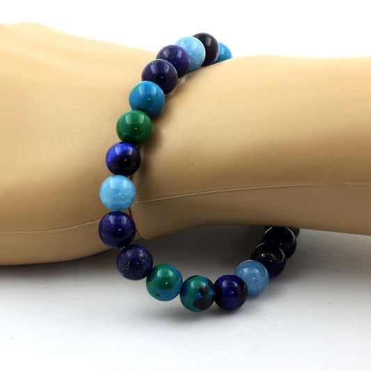 Oeil de Tigre bleu + Calcédoine bleu + Lapis Lazuli + Chrysocolle. Bracelet en Perles naturelles