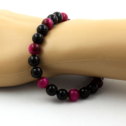 Oeil de Tigre Fuschia + Agate noire. Bracelet en Perles naturelles