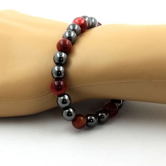Oeil de Tigre rose rouge + Hématite. Bracelet en Perles naturelles