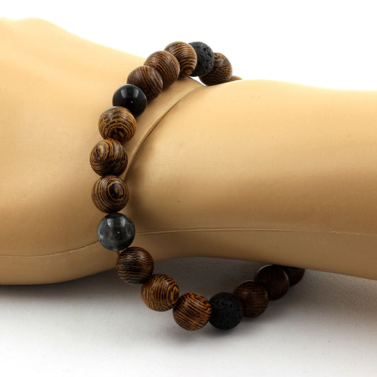 Obsidienne noire + Lave + Labradorite + bois. Bracelet en Perles naturelles