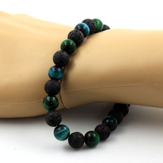 Oeil de Tigre vert + Oeil de Tigre bleu clair + Lave. Bracelet en Perles naturelles