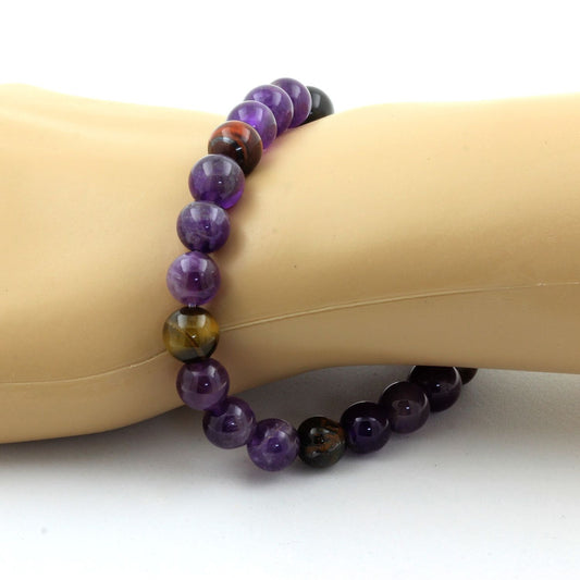 Oeil de Tigre multicolore + Améthyste. Bracelet en Perles naturelles