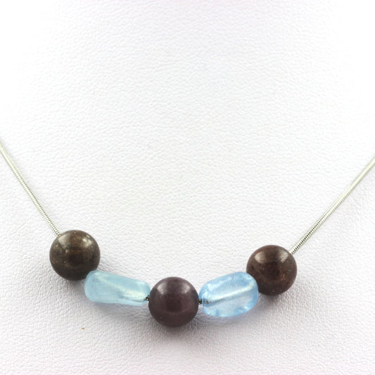 Collier perles Rubis de Mogok, Birmanie, Myanmar 8 mm + Aigue-Marine du Brésil