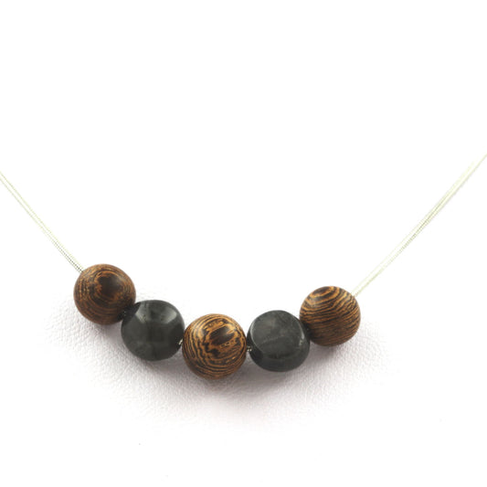 Collier perles bois 8 mm + Labradorite de Finlande
