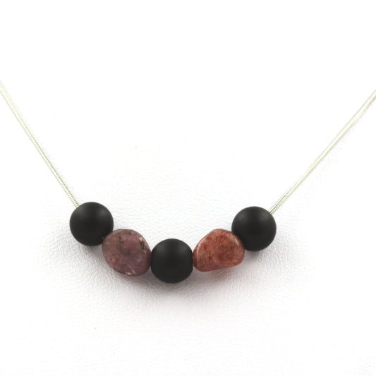 Collier perles Onyx noir mat 8 mm + Rubis du Brésil