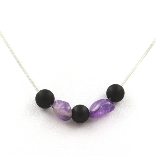 Collier perles Onyx noir mat 8 mm + Améthyste du Brésil