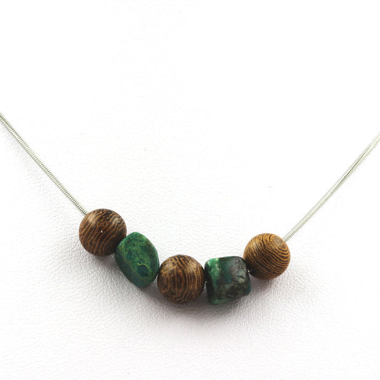 Collier perles bois 8 mm + Chrysocolle des USA
