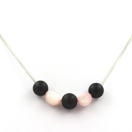 Collier perles Onyx noir mat 8 mm + Kunzite du Brésil
