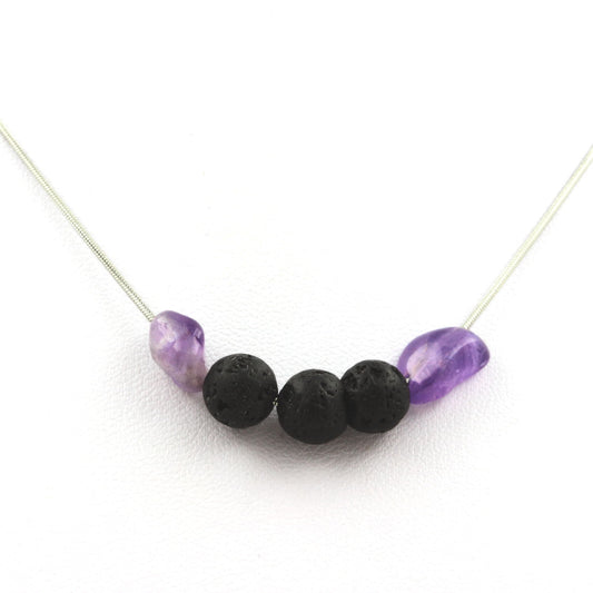 Collier perles Lave 8 mm + Améthyste du Brésil