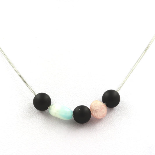 Collier perles Onyx noir mat 8 mm + Kunzite du Brésil + Amazonite du Brésil