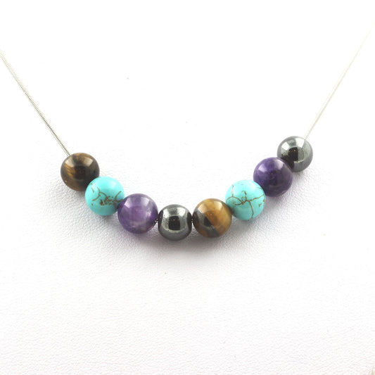 Collier perles Hématite + Howlite Turquoise + Améthyste + Oeil de Tigre 8 mm