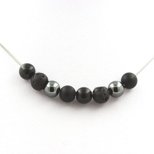 Collier perles Hématite + Lave + Onyx noir mat + Obsidienne noire 8 mm