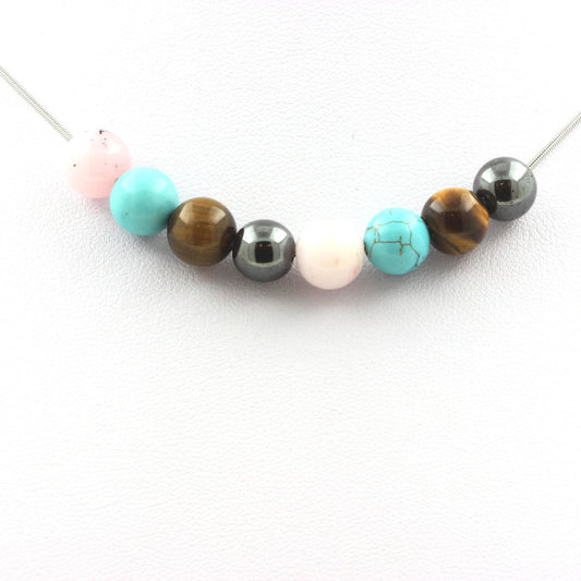 Collier perles Hématite + Turquoise + Oeil de Tigre + Opale Rose 8 mm