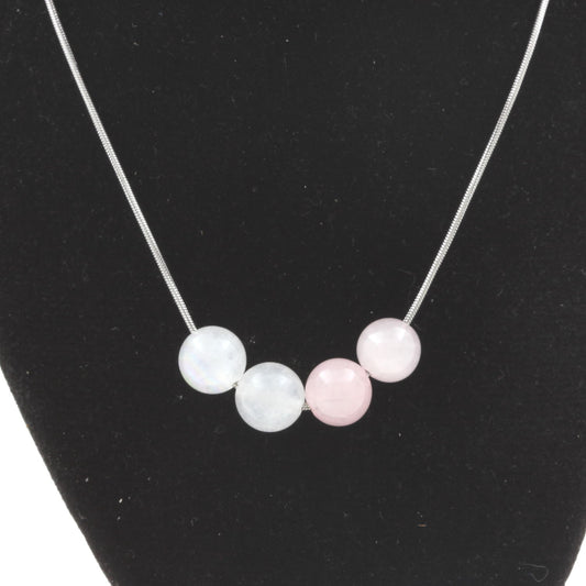 Collier 4 perles Quartz rose + Pierre de lune 8 mm