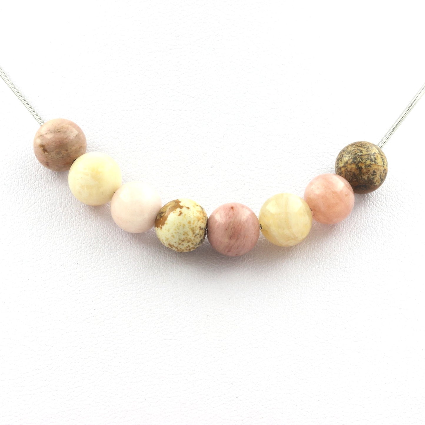 Collier perles Pierre de Soleil + Rhodonite + Agate Feuille de Bambou + Jaspe Paysage 8 mm