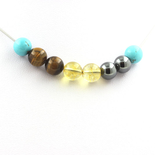 Collier perles Hématite + Citrine + Oeil de Tigre + Turquoise 8 mm