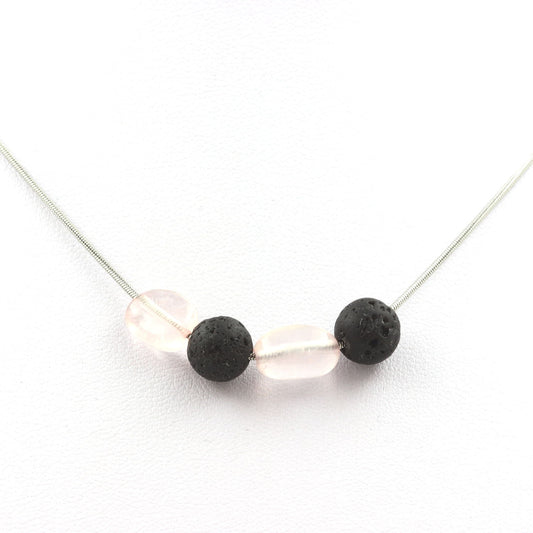 Collier 4 perles Lave 8 mm + Quartz rose du Brésil