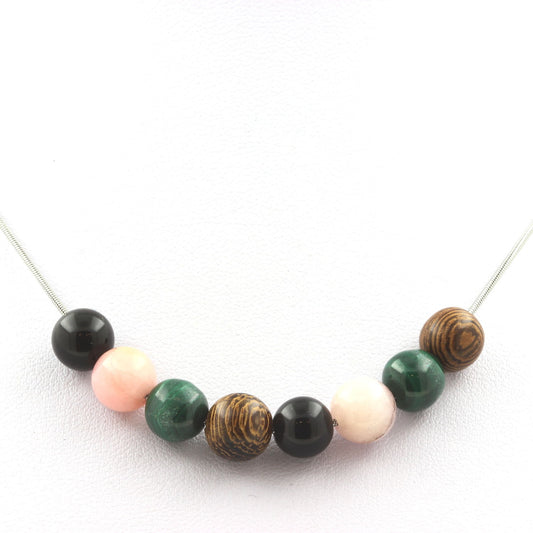 Collier perles Malachite du Congo + Obsidienne noire + Opale Rose + bois 8 mm
