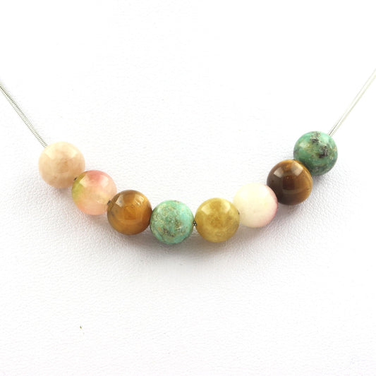 Collier perles Turquoise du Pérou + Oeil de Tigre + Tourmaline melon d'eau + Tourmaline multicolore 8 mm