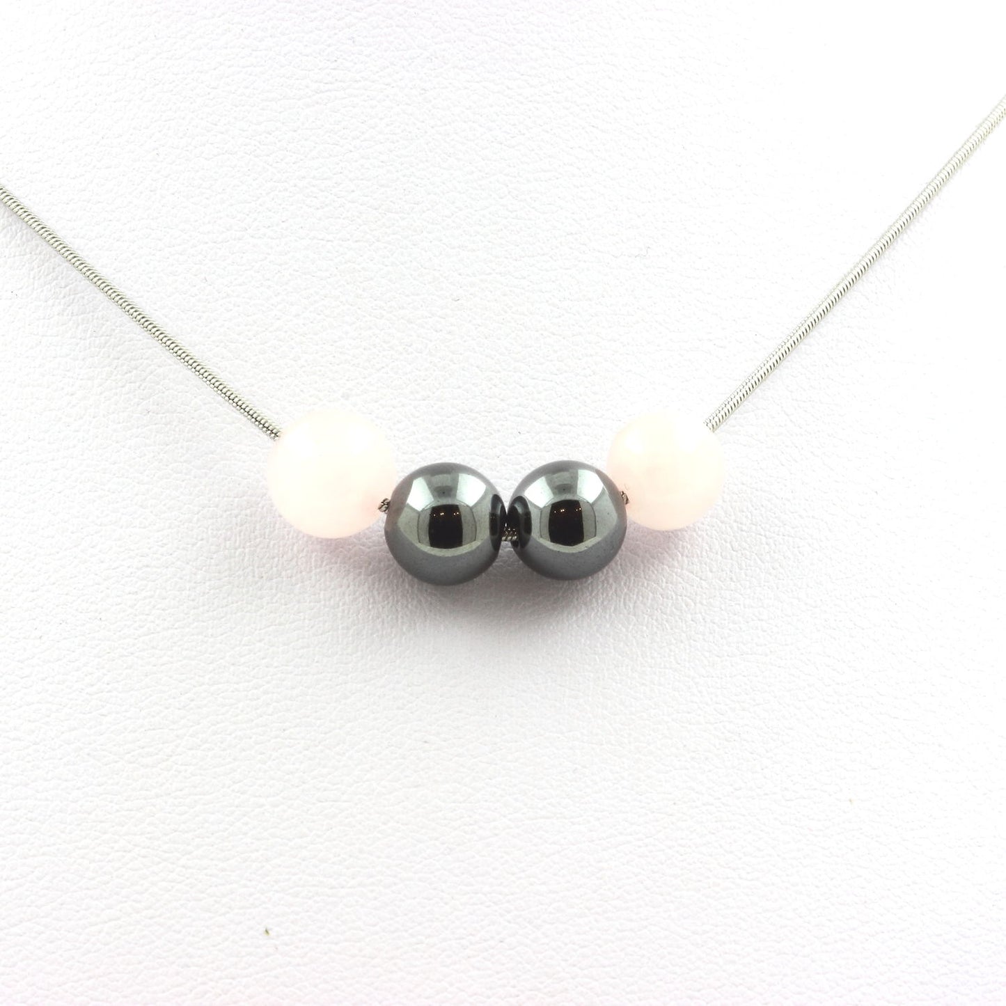 Collier perles Quartz rose + Hématite 8 mm