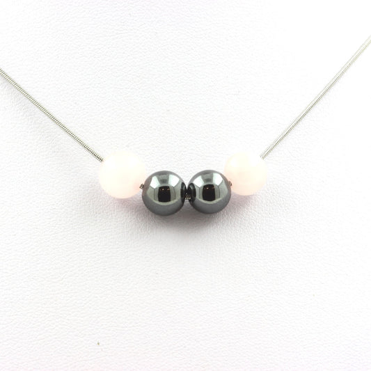 Collier perles Quartz rose + Hématite 8 mm