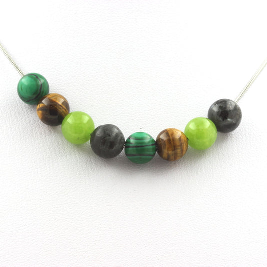 Collier perles Oeil de Tigre + Péridot + Labradorite + Malachite (avec résine) 8 mm