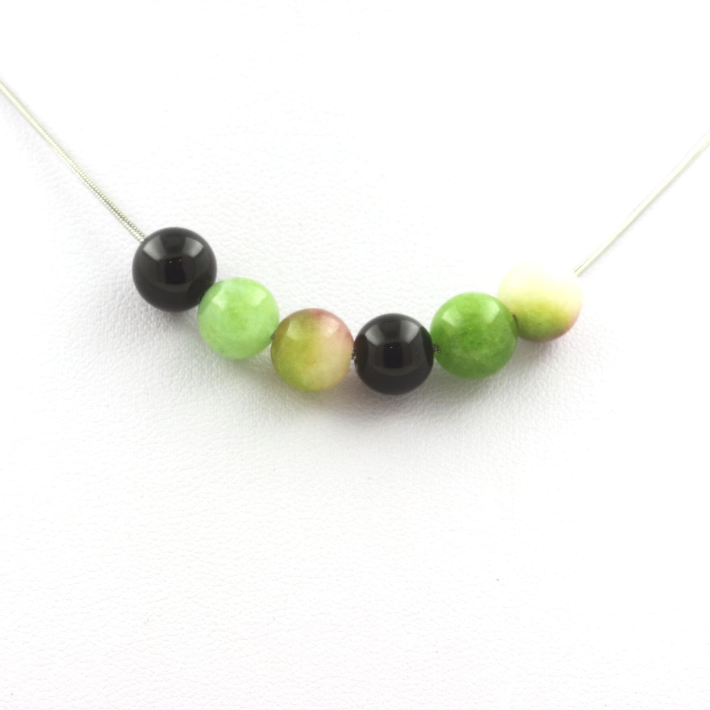 Collier perles Agate noire + Tourmaline melon d'eau + Péridot 8 mm