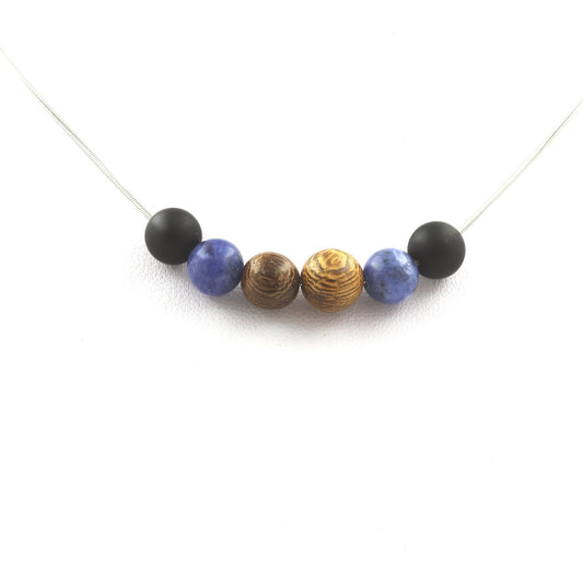 Collier perles Sodalite + Onyx noir mat + bois 8 mm