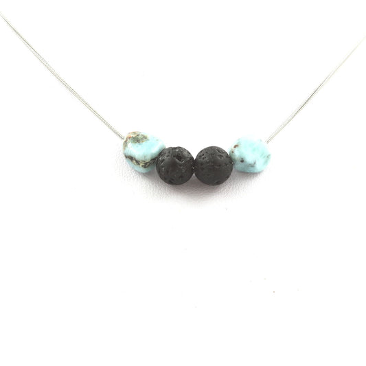 Collier Larimar de République dominicaine + Perles Lave 8 mm