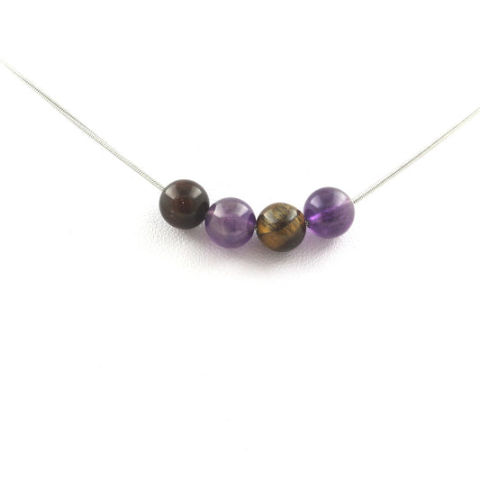 Collier perles Oeil de Tigre multicolore + Améthyste 8 mm