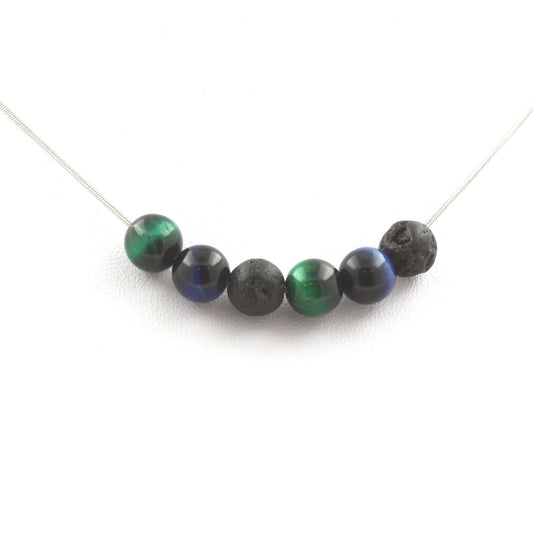 Collier Perles Oeil de Tigre vert + Oeil de Tigre bleu clair + Lave 8 mm