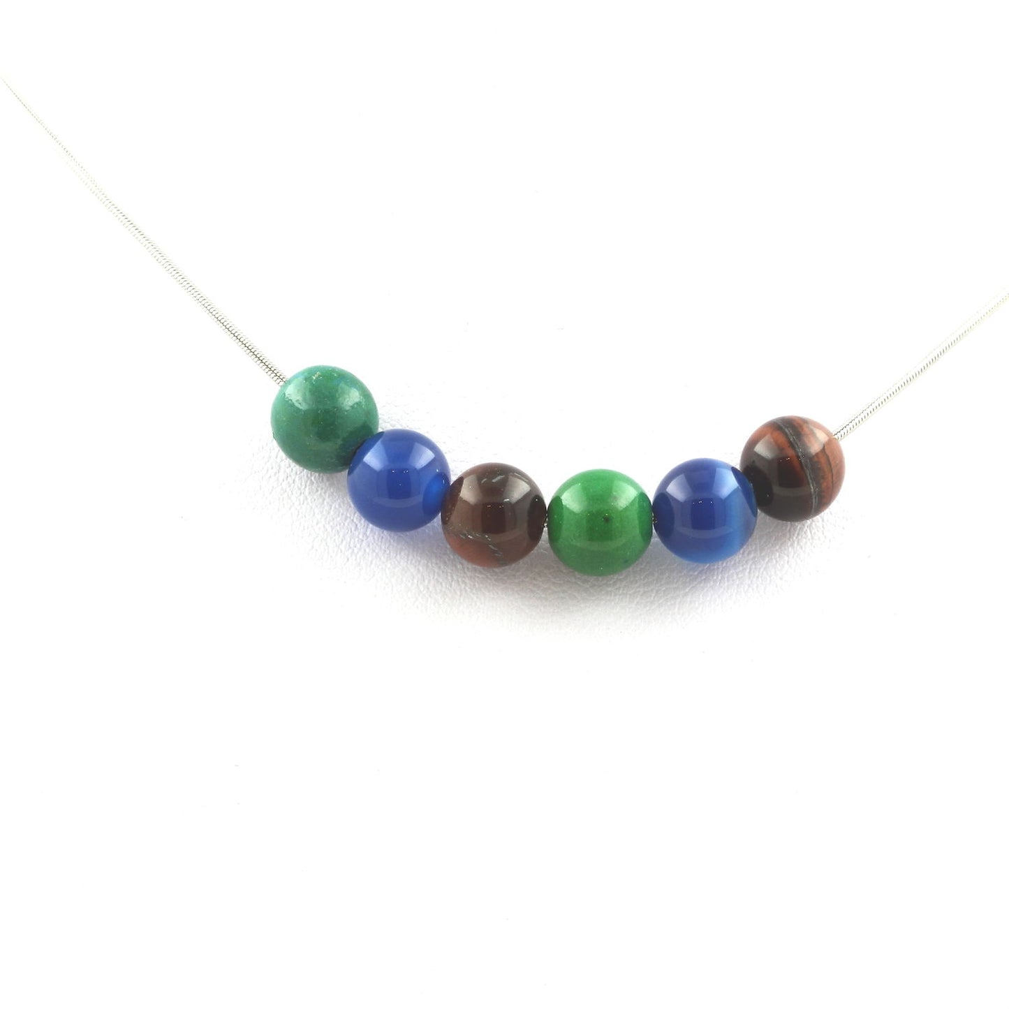 Collier Perles Oeil de Tigre rouge + Chrysocolle + Agate rubanée bleu 8 mm