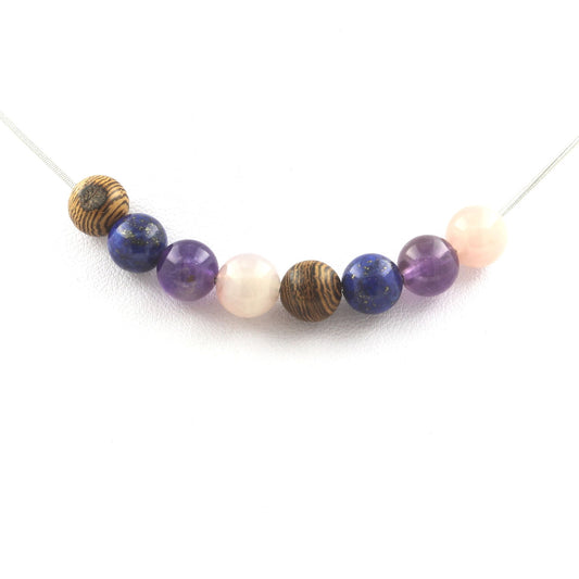 Collier Perles Quartz Rose + Améthyste + Lapis Lazuli + bois 8 mm