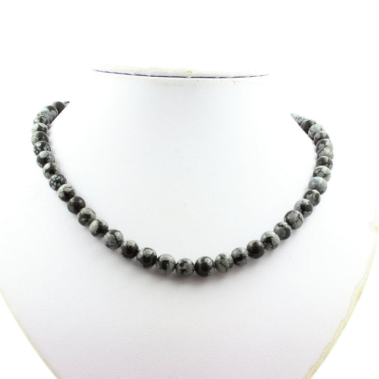 Collier perles Obsidienne Flocon de Neige 8 mm