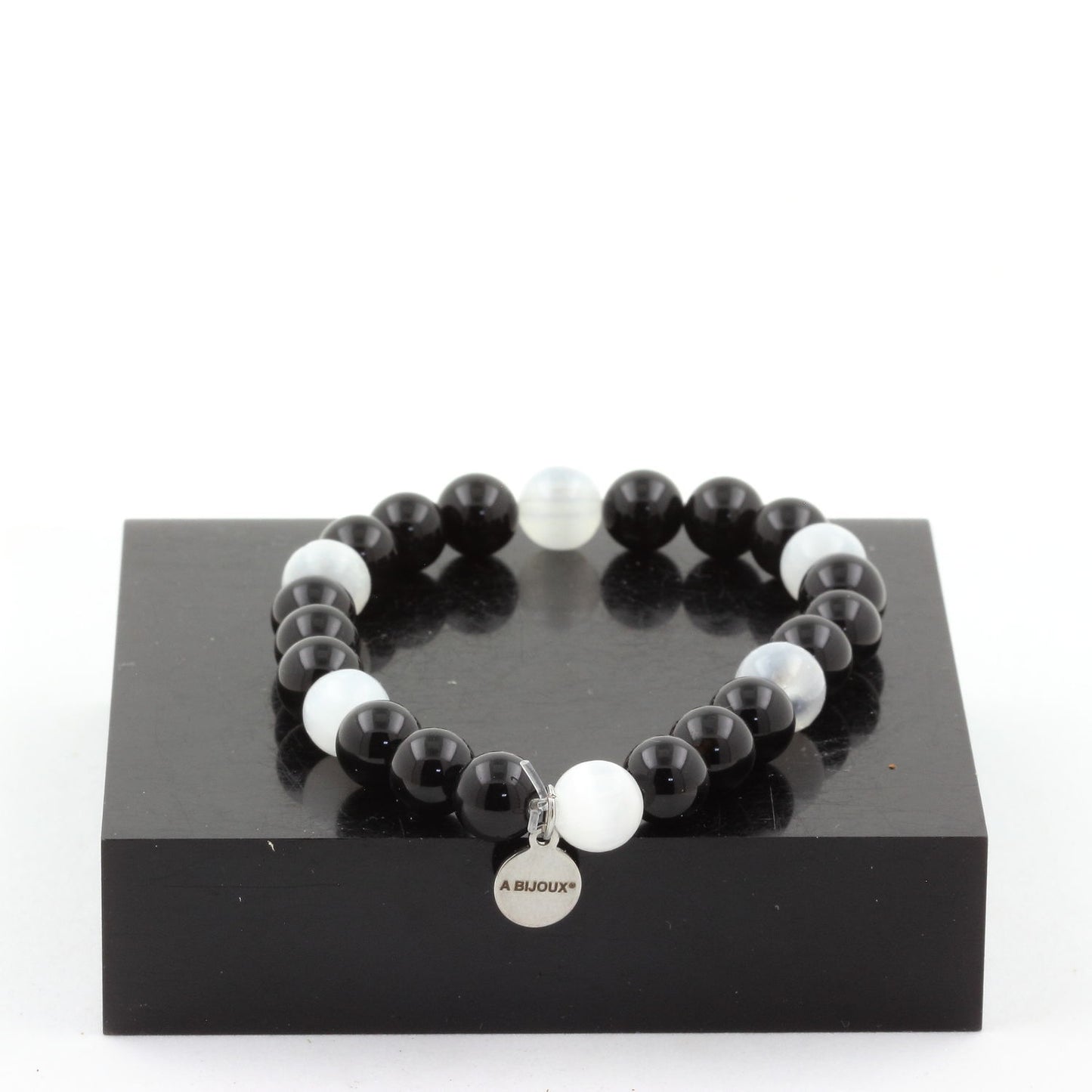 Selenite du Maroc + Agate noire. Bracelet Perles naturelles