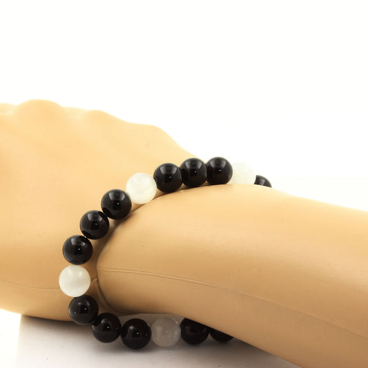 Selenite du Maroc + Agate noire. Bracelet Perles naturelles