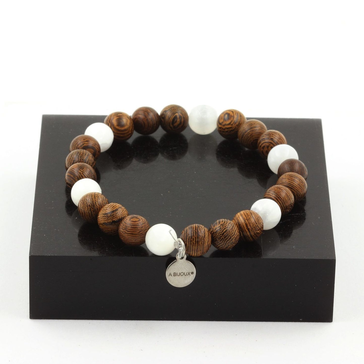 Selenite du Maroc + bois. Bracelet Perles naturelles