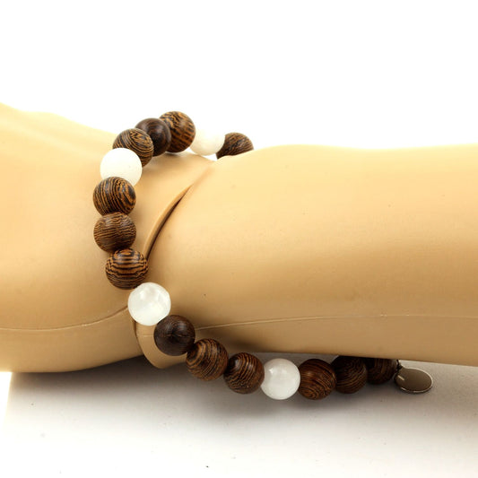 Selenite du Maroc + bois. Bracelet Perles naturelles