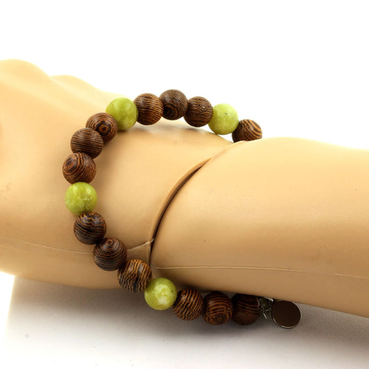 Serpentine Jade de Chine + bois. Bracelet Perles naturelles