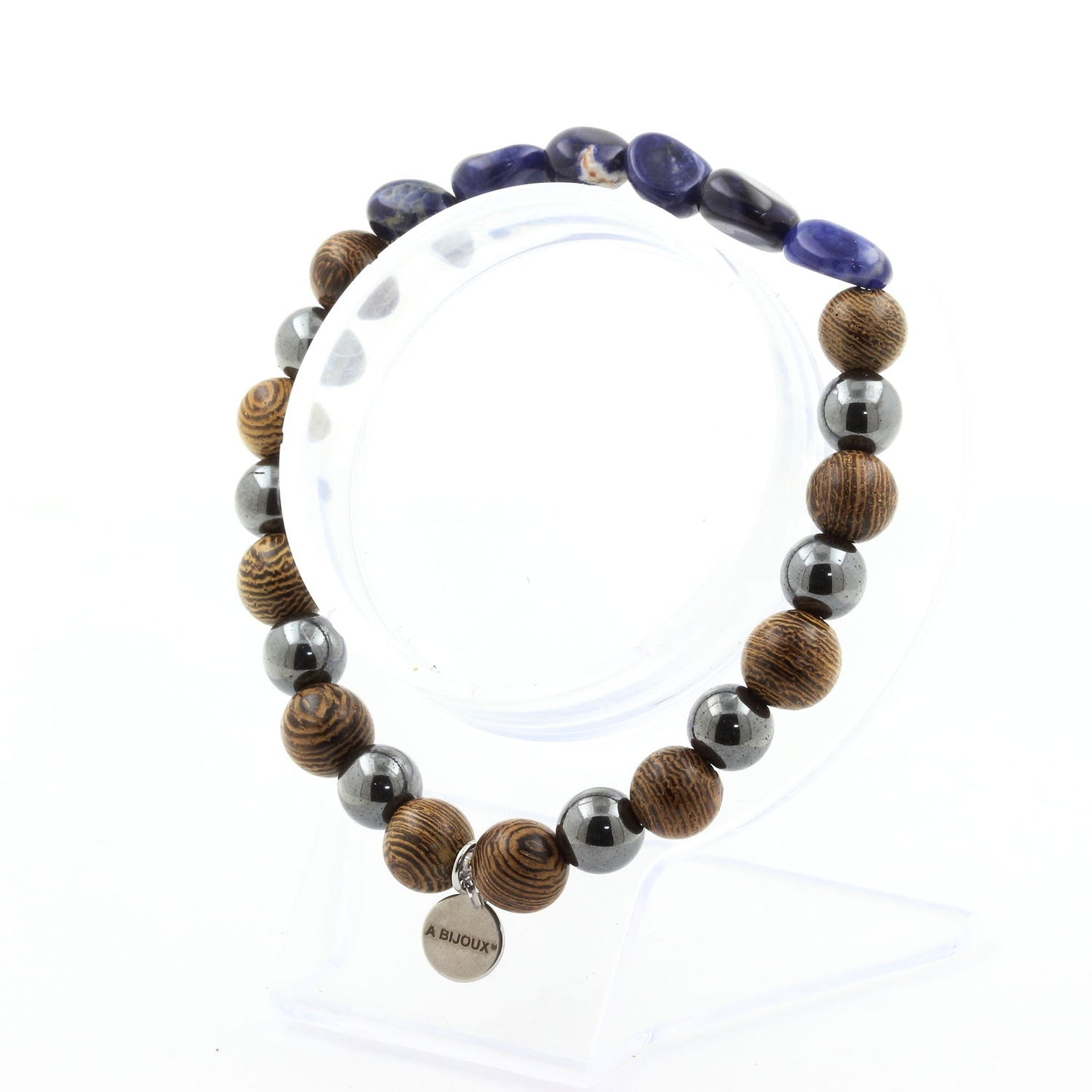 Sodalite du Brésil + Perles Hématite + bois. Bracelet en Perles naturelles