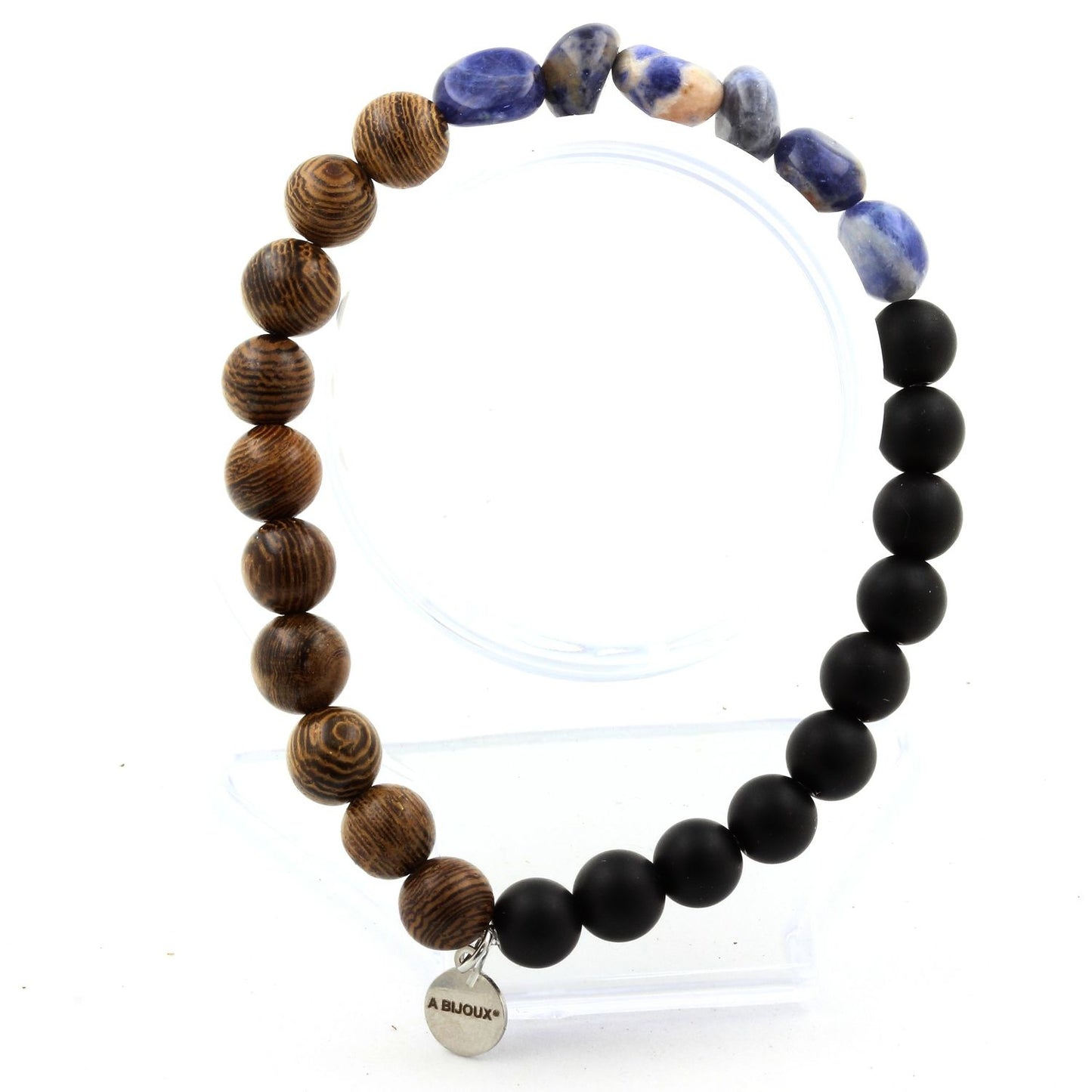 Sodalite du Brésil + Perles Onyx noir mat + bois. Bracelet en Perles naturelles