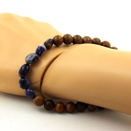 Sodalite du Brésil + Perles bois. Bracelet Perles