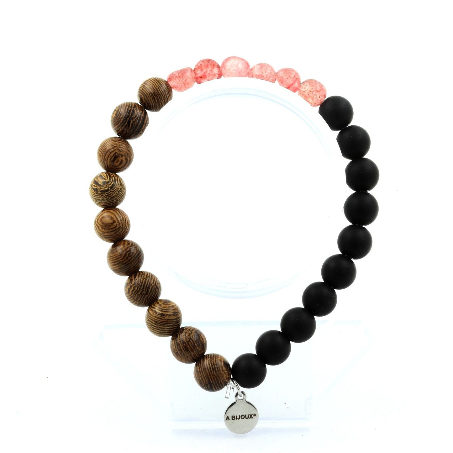 Strawberry Quartz de Madagascar + Perles Onyx noir mat + bois. Bracelet en Perles naturelles