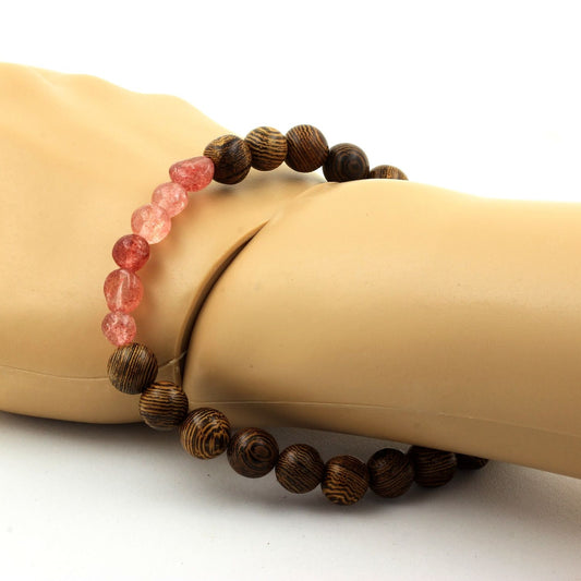 Strawberry Quartz de Madagascar + Perles bois. Bracelet Perles