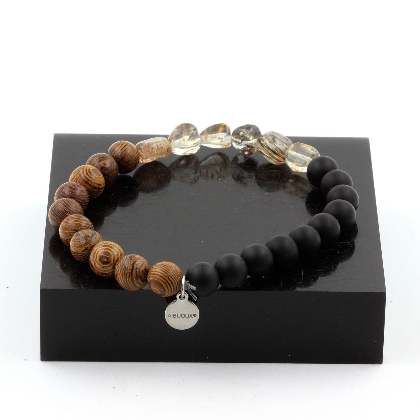 Super Seven du Brésil + Perles Onyx noir mat + bois. Bracelet en Perles naturelles