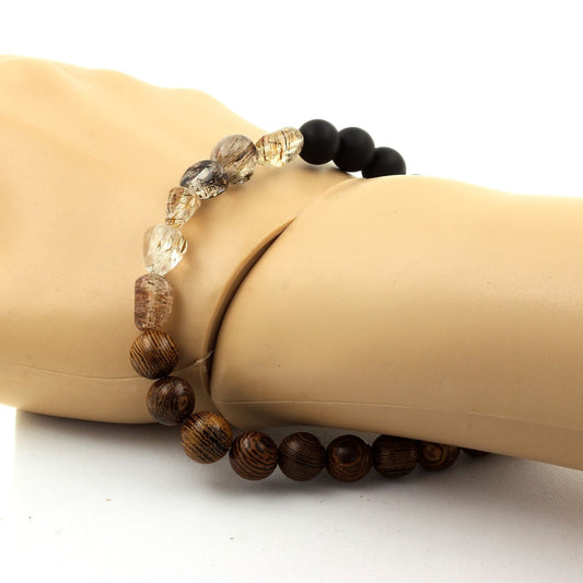 Super Seven du Brésil + Perles Onyx noir mat + bois. Bracelet en Perles naturelles