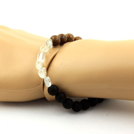 Topaze du Brésil + Perles Onyx noir mat + bois. Bracelet Perles