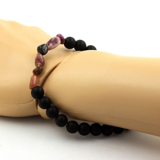 Tourmaline Rubellite du Brésil + Perles Onyx noir mat. Bracelet Perles