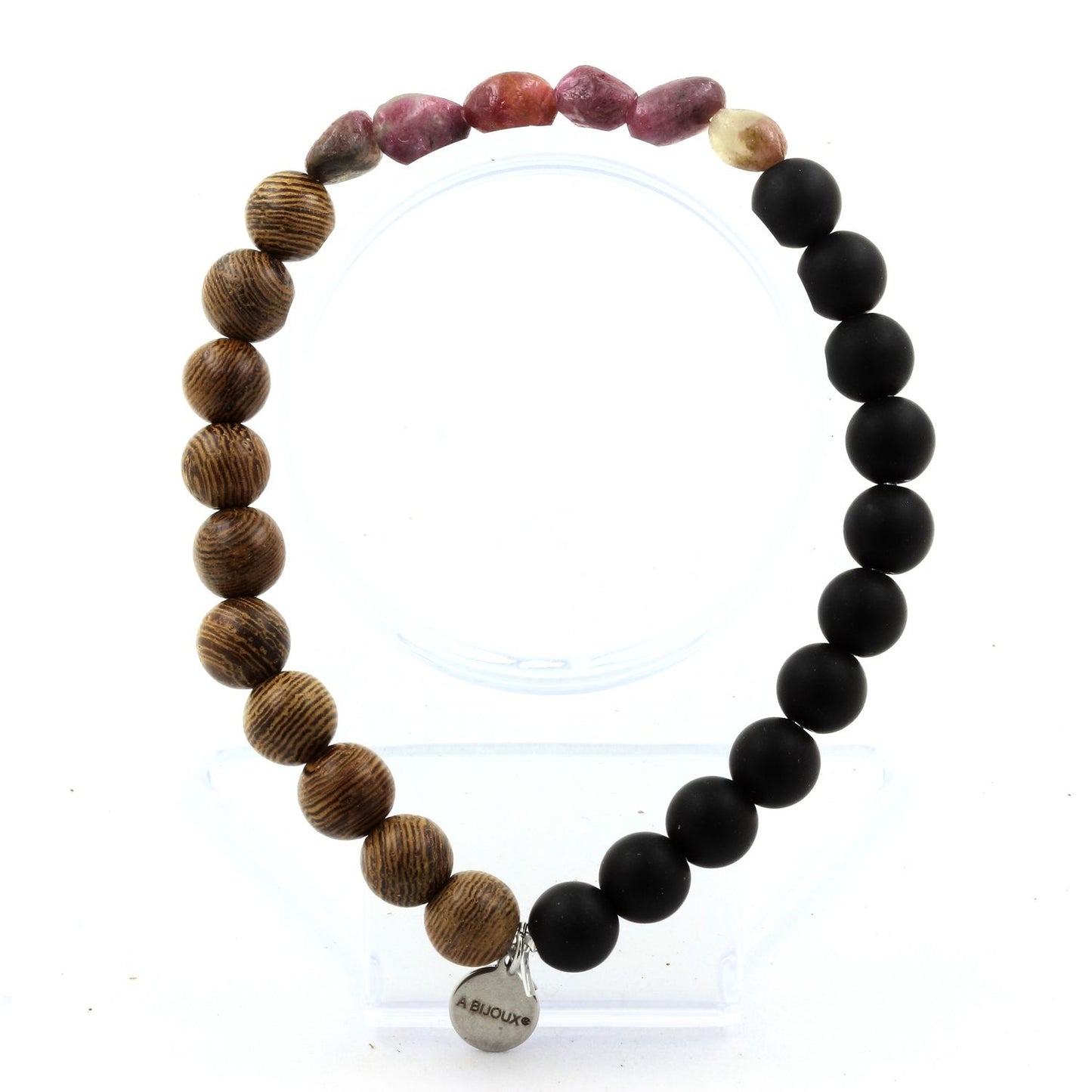 Tourmaline Rubellite du Brésil + Perles Onyx noir mat + bois. Bracelet en Perles naturelles